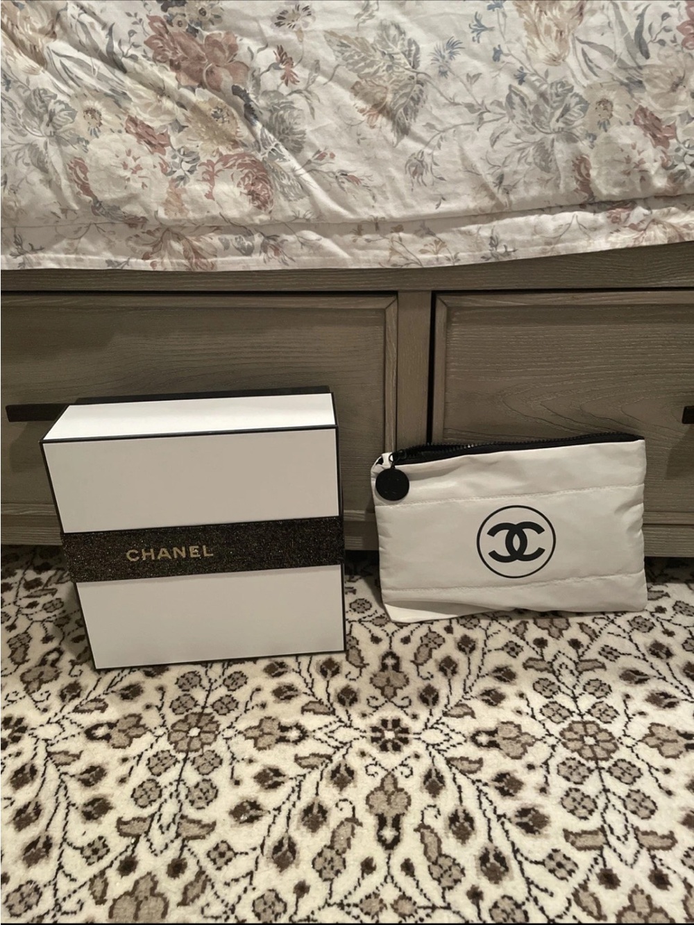 Chanel White Quilted Logo Cosmetic Pouch with large box